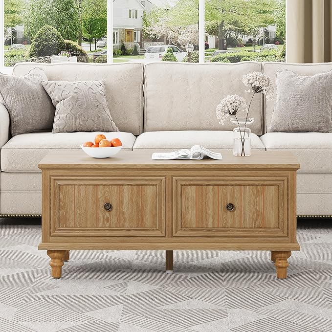 39" Lift Top Coffee Table for Hidden Compartment, Wood Coffee Tables with Shelf, Farmhouse Rectangular Center Table Dining Table for Living Room Home Office Small Space (Natural)
