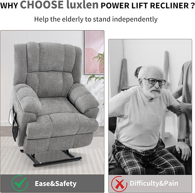 Luxlen Power Lift Recliner Chair for Elderly, Heat Massage Recliners, Dual Motor Oversized Lift Chair, Medium-Firm Electric Lift Recliners with Remote - Greyish