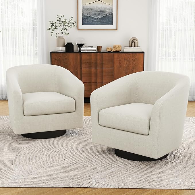 Swivel Barrel Accent Chair, Modern Round Linen Arm Chair for Living Room, Bedroom, Comfy Club Reading Chairs for Adults（Linen Fabric, Beige, Set of 2
