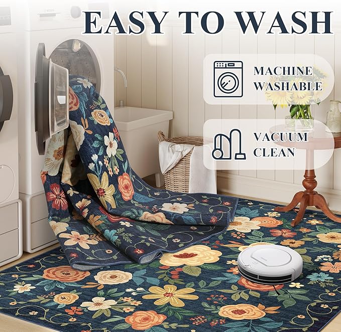 DUKINO 3x4 Area Rug, Lightweight Non Slip Washable Floral Rug, Indoor Low Pile & Non-Shedding Boho Design Carpets for Bedroom, Kitchen, Dining Room, Navy Blue