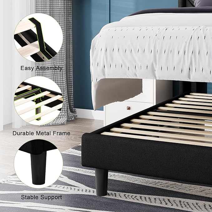 Feonase Twin Size Bed Frame with Charging Station, Upholstered Linen Platform Bed Frame with Wingback Headboard, Solid Wood Slats Support, No Box Spring Needed, Noise Free, Black