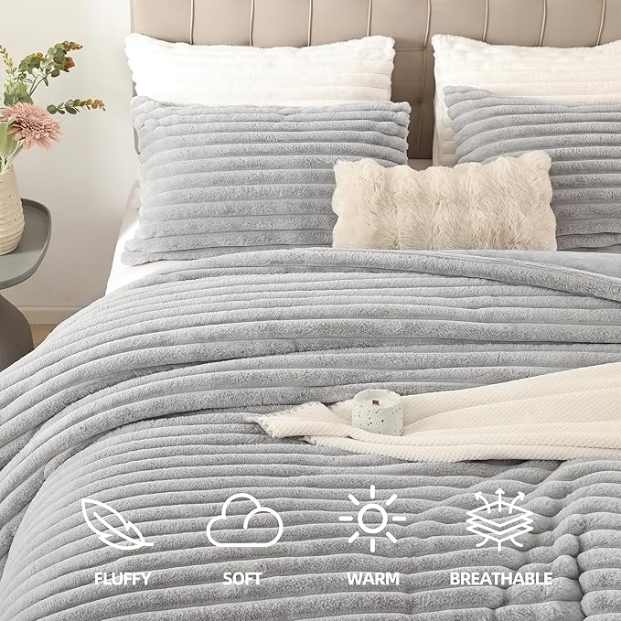 Smoofy Fluffy Twin Comforter Sets 2 Pieces - Light Grey Fleece Fluffy Comforter Set, Luxury Fuzzy Twin Bedding Set, Soft Warm Comforter All Season, Heavy Faux Fur Comforter with Pillow Cases