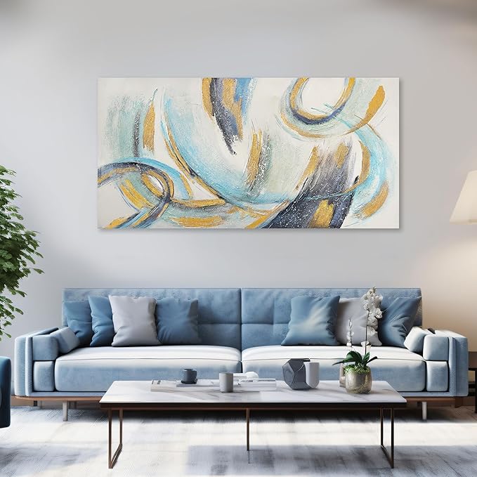 Glvzygy Abstract Wall Art Blue and Gold Wall Art Abstract Canvas Wall Decor Frame Artwork Modern Home Wall Decor for Living Room Bedroom Office 29"x58"