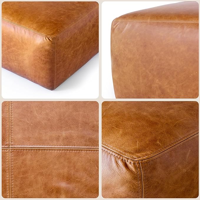 Poly & Bark Sequoia Ottoman – 35” Square Pouf with Feather-Down Topper – Full-Grain Leather Upholstered Pouf Ottoman for Living Room – Vintage Italian Leather in Cognac Tan