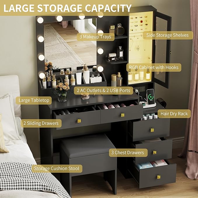 Vanity Desk with Mirror and Lights,Makeup Table with Charging Station & RGB Storage Cabinet,Large Drawer & Storage Shelves,5 Drawer,Bedroom Dressing Table, Black