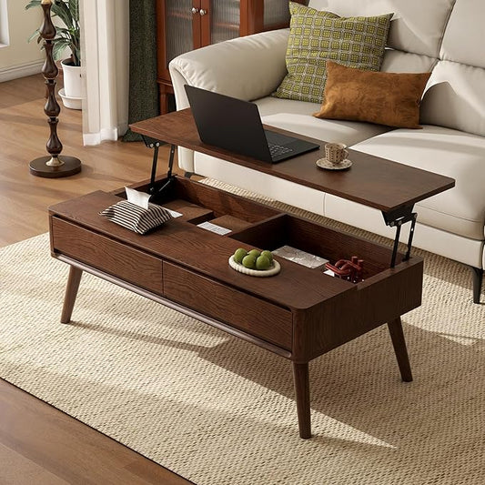 Lift Top Coffee Table,100% Solid Oak Wood Walnut Coffee Table with Drawers and Hidden Compartments, Rectangular Coffee Tables with Storage for Living Room Home Decor (47.24inch)