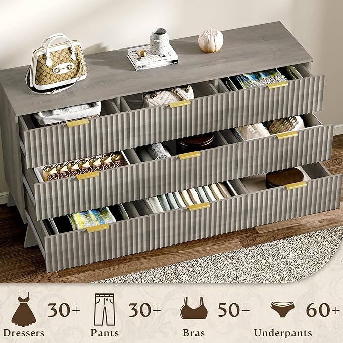 Fluted Dresser for Bedroom with 9 Drawers, 57" Mid Century Modern Dresser of Closet TV Stand, Nature Wood Dressers with Gold Handle, Boho Closet Wide Modern Chest of Drawers, Grey