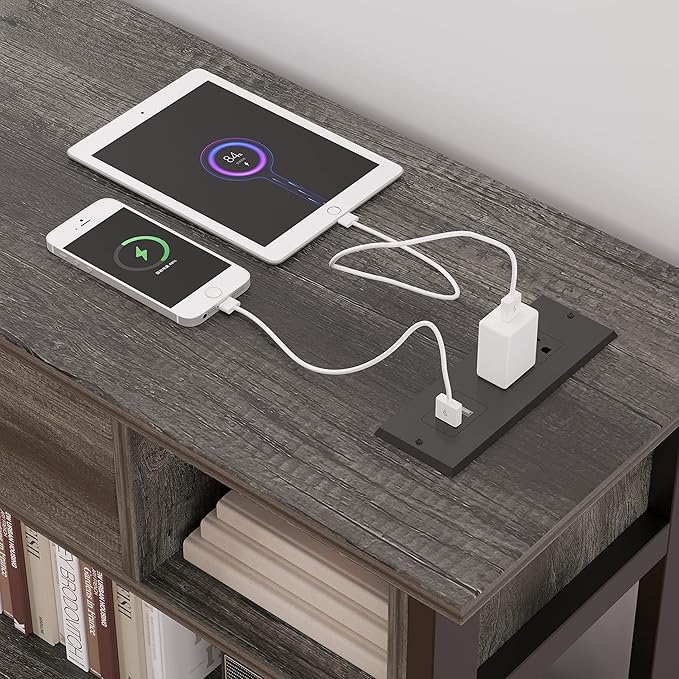 Mexin 39 Inch Console Table with 2 Outlet and 2 USB Ports, Entryway Table with Drawer and Storage Shelves, Narrow Sofa Table for Living Room and Hallway, Grey Oak