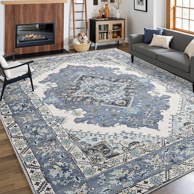 8x10 Area Rug for Living Room, Modern Washable Rug Non Slip Low Pile Large Area Rugs for Living Room, Bedroom, Farmhouse, Dining Room, Blue