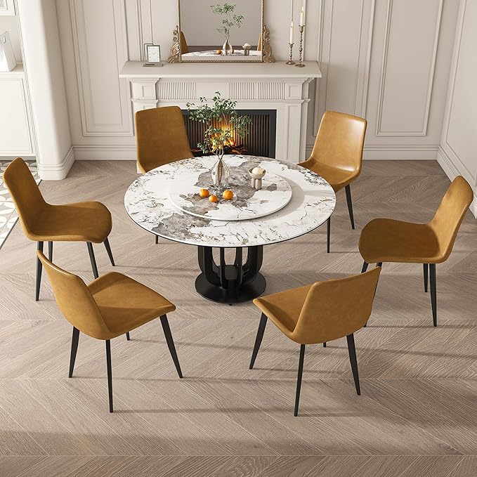 Dining Table Set with 8 Chairs, 53" Round Modern Marble Dining Table with Lazy Susan, Sintered Stone Top for Kitchen, Dining Room, Dinette