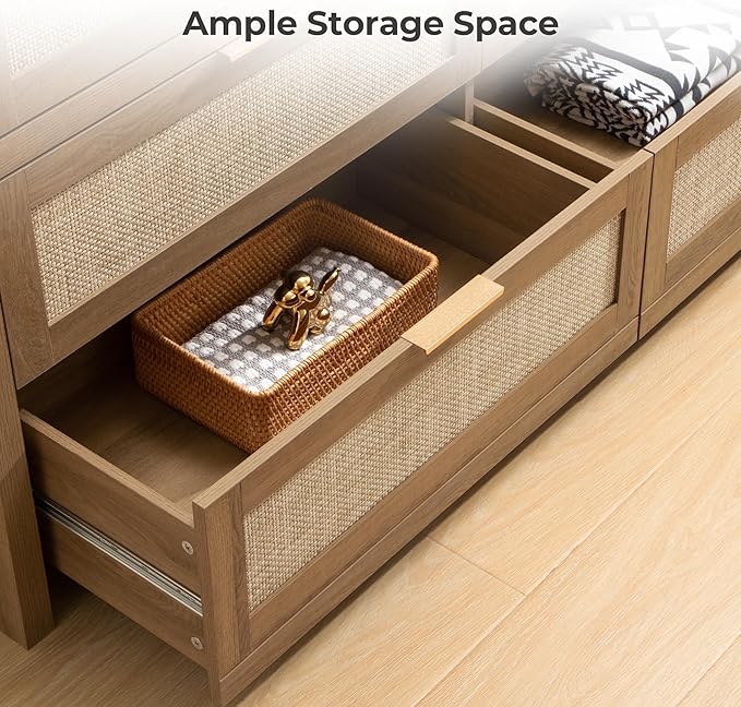 SICOTAS 7 Drawer Dressers for Bedroom Set 2, Long Rattan Dresser, Dresser TV Stand, Closet Organizer Chest of Drawers, Clothes Storage Dressers (Reclaimed Caramel Oak, 7 Drawers (2 pcs))