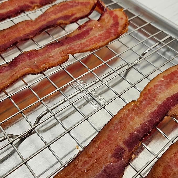 Baker's Secret Non Toxic Baking Trays for Oven, PTFE, PFAS, PFOA Free, 100% Recycled Aluminum, Bakeware Set Cookie Sheet 18" with Stainless Steel Rack Never Rust - The Natural Aluminum Collection