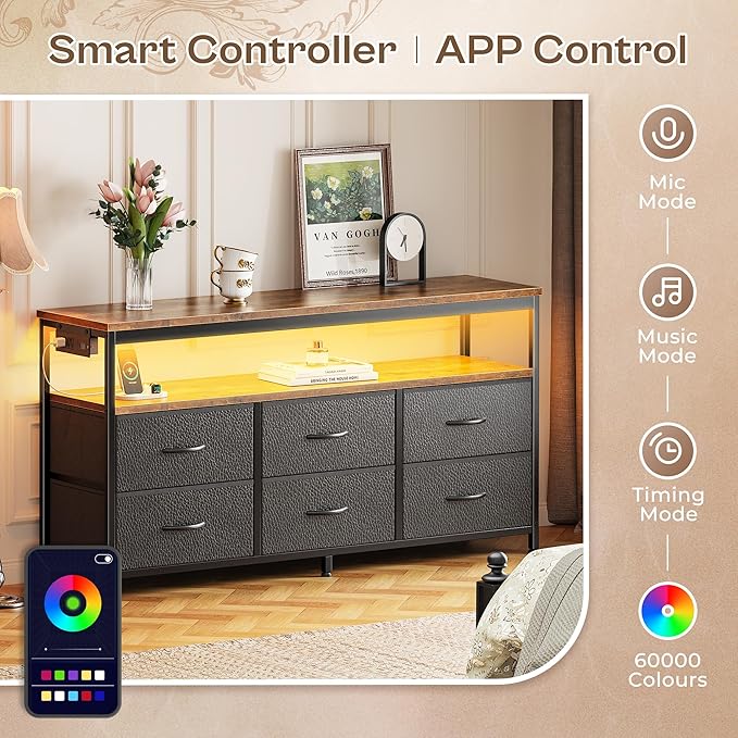 Huuger LED TV Stand for Bedroom, 47 Inch Dresser TV Stand for 43, 50, 55 Inch TV, Rustic Black TV Stand with Storage, Entertainment Center with Power Outlets, 6 Drawer Fabric Dresser for Living Room