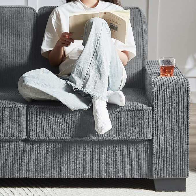 Furnimart Modern 3 Seater Couches, Cozy Deep Seat Sofa, Comfy Fluffy Couch for Living Room, Small Couches for Small Space, with Removable Sofa Cover, Grey Corduroy Fabric