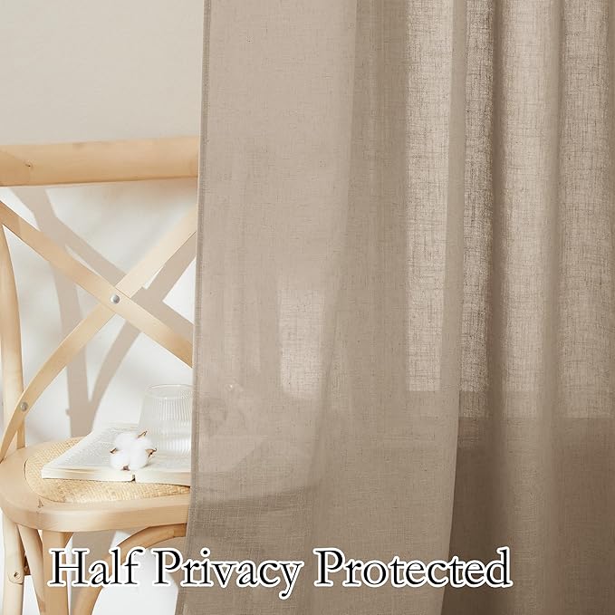 RYB HOME Linen Sheer Curtains for Small Window, Airy Breathable Absorbent Curtains & Drapes, Light Filter Half Privacy Protect for Study Room Office, Length 63 by Width 52 inch, 2 Panels, Khaki