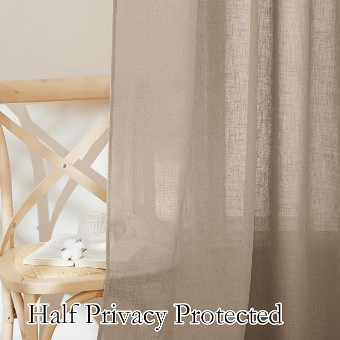 RYB HOME Natural Linen Blend Sheer Curtains for Kitchen, Semi Sheer Light Filtering Privacy Protected Rod Pocket Curtain Panels for Small Window, 52 x 45 inch, Khaki, 2 Panels Set