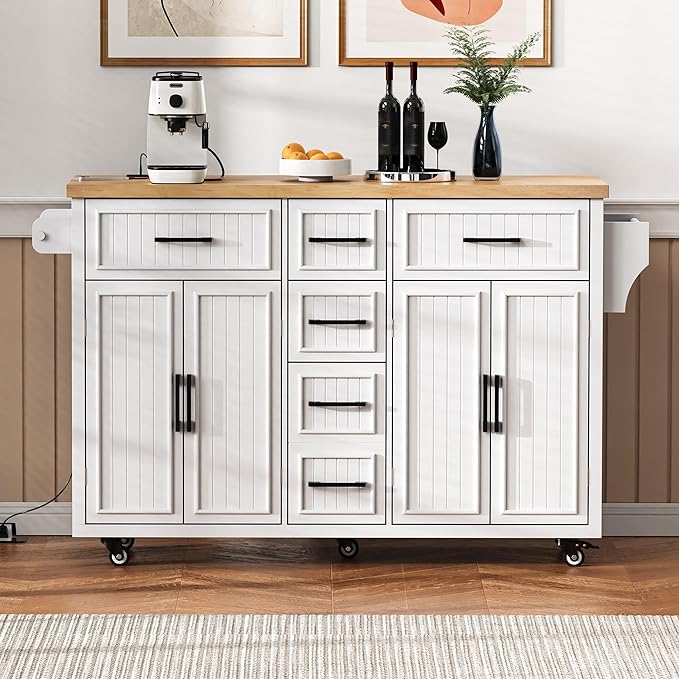 56.5" Kitchen Island with Drop Leaf, Power Outlet, Embossed Vertical Stripe Rolling Kitchen Cart on Wheels with 4 Doors, 5 Deep Drawers and Adjustable Shelves for Dining Room, White