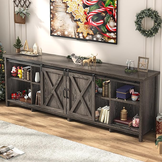 Farmhouse TV Stand for 90 Inch TV with Sliding Barn Door, Rustic Wood Entertainment Center Large Media Console Cabinet Long Television Stands,Console Table and Media Furniture for Living Room(Grey)