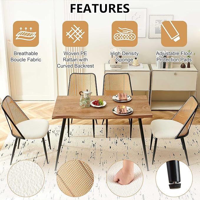 Modern Dining Room Table Set for 4, 5 Pieces Kitchen Table Set with 4 Upholsetered Boucle Dining Chairs Curved Rattan Backrest, Engineered Wood Dining Table Set for Breakfast Nook Coffee