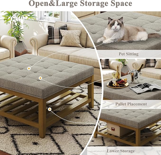 Large Square Ottoman Coffee Table, Linen Solid Upholstered Footrest Ottoman with Solid Wood Shelf Storage Tufted Coffee Table for Bedroom Living Room, Linen