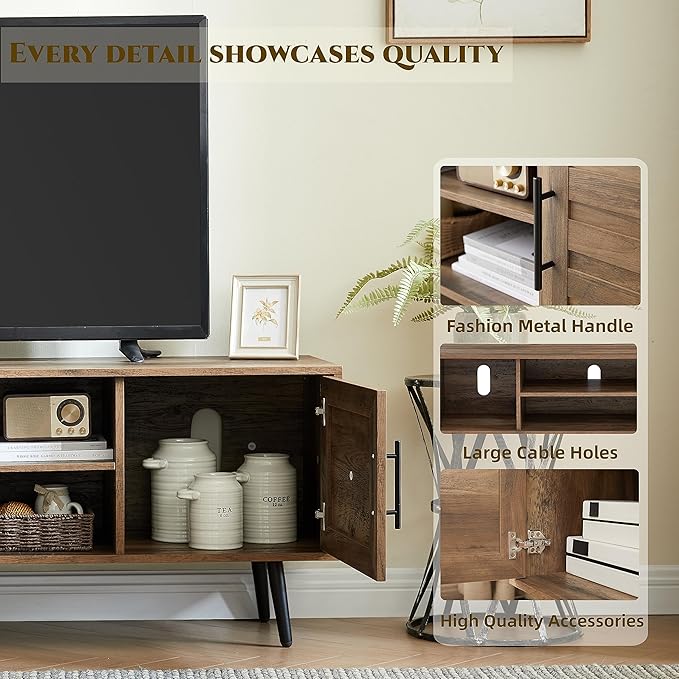 EDYO LIVING 65" Mid Century Modern TV Stand, Wood TV Stand with Storage Cabinet and Open Shelf for Televisions up to 65", Entertainment Center, TV Console Table for Living Room, Rustic Oak