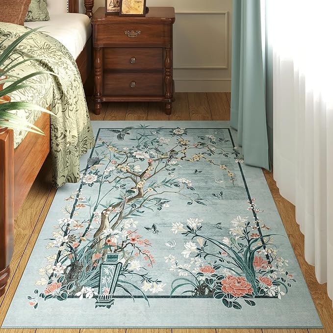 4x6 Rug Chinoiserie-Style Floral Vintage Washable Area Rugs Non Slip Low Pile Small Carpet for Bedroom, Bedside, Kids Room, Office, Dining Room, Blue