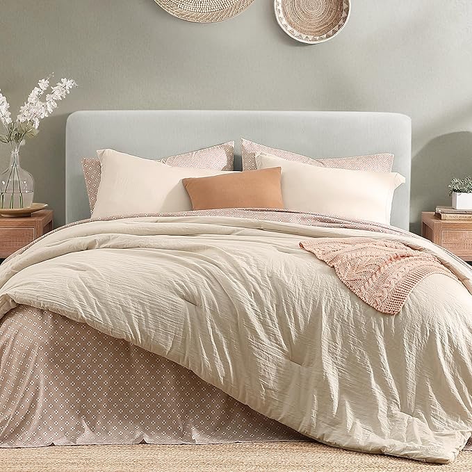 Monbix Queen Comforter Set - 7 Pieces Beige Prewashed Bed in a Bag Queen Bedding Sets with Comforters, All Seasons Down Alternative Comforter Bed Set with Sheets,Pillowcases & Shams
