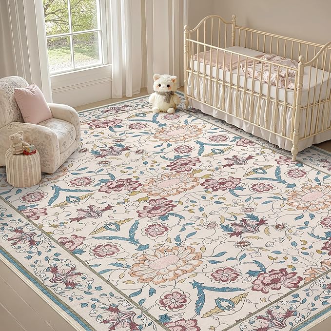 Nursery Rug 10x14 for Kids & Girls - Washable Vintage Large Floral Area Rugs - Ultra Thin Stain Resistant Non Slip Carpets for Kids Playroom, Living Room, Bedroom, Dining Room, Office - Floral Multi
