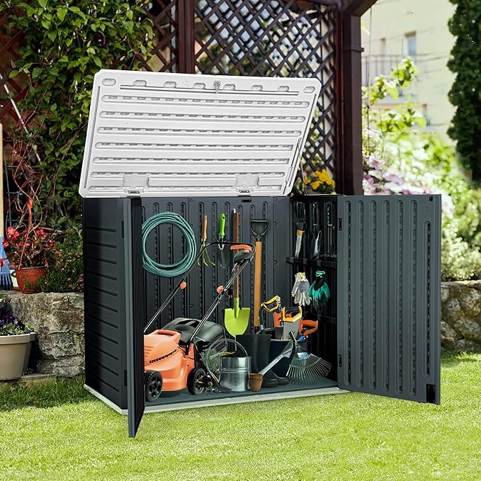 YITAHOME Outdoor Horizontal Storage Sheds w/o Shelf, Weatherproof Resin Tool Shed, Multi-Opening Door for Storage of Bike, Trash Cans, Garden Tools, 35 cu ft, Waterproof, Lockable, Dark Gray