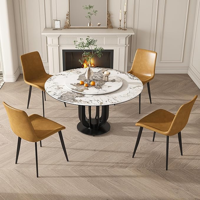 Dining Table Set with 4 Chairs, 53" Round Modern Marble Dining Table with Lazy Susan, Sintered Stone Top for Kitchen, Dining Room, Dinette