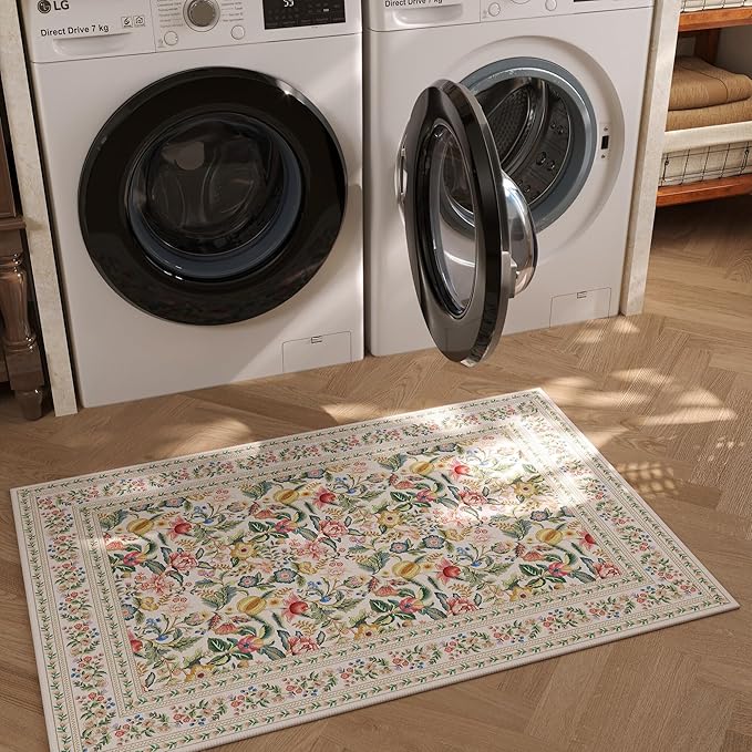 Door Mat Indoor Entrance 2x3 Rug Machine Washable Vintage Floral Small Area Rug Non-Slip Low Pile Throw Rugs for Entryway, Kitchen, Front Door Indoor Entrance, Entry, Kids Room, Beige