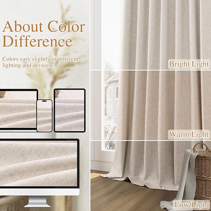 Guken Oatmeal Linen Blackout Curtains 63 Inch Length 2 Panels Set for Living Room Bedroom Back Tab Thermal Insulated 100% Black Out Linen Drapes Room Darkening Window Curtains 63 Inches Long