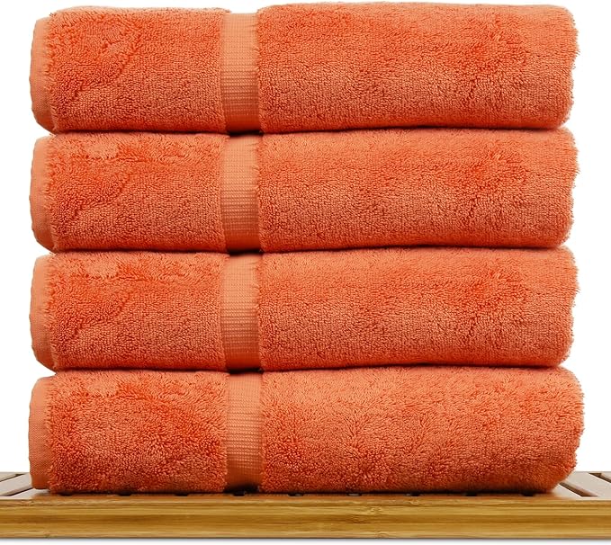Luxury Hotel & Spa Collection Highly Absorbent, Quick Dry 100% Turkish Cotton 700 GSM, Eco Friendly Towel, for Bathroom Dobby Border Soft Bath Towel Set 27 X 54 -Coral, Bath Towels - Set of 4