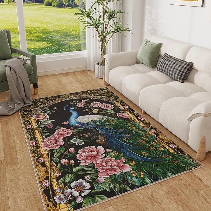 Area Rug 4x6 Rug Washable Floral Peacock Rugs Non Slip Low Pile Floral Animal Small Carpet for Bedroom, Bedside, Kids Room, Office, Dining Room (Black)
