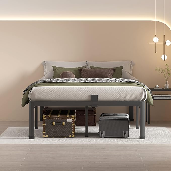 MAF 18 Inch Full Size Bed Frame with Round Corner Legs Mattress Slide Stopper No Box Spring Needed Heavy Duty Metal Platform Bed Frames Under-Bed Storage Space, 3000 LBS Steel Slats Support