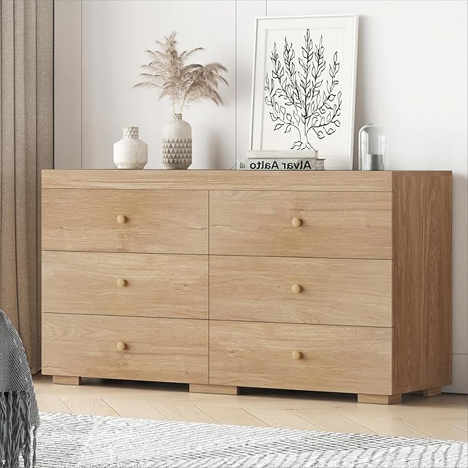Dresser for Bedroom 6 Drawer Wood Dresser 58.3" Wide, Large Chest of Drawers for Bedroom, Living Room, Hallway, Entryway, Modern TV Stand Drawer Organizer, Light Oak