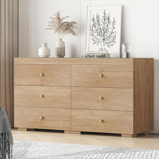 Dresser for Bedroom 6 Drawer Wood Dresser 58.3" Wide, Large Chest of Drawers for Bedroom, Living Room, Hallway, Entryway, Modern TV Stand Drawer Organizer, Light Oak