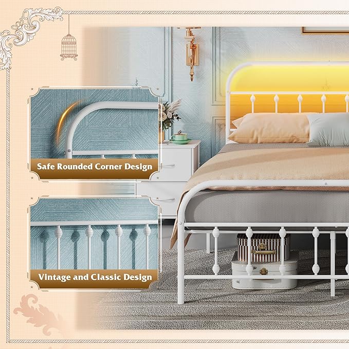 WLIVE Queen Bed Frame with Headboard, Bed Frame Queen Size with LED Lights and Charging Station, Metal Bed Frames with Storage, White