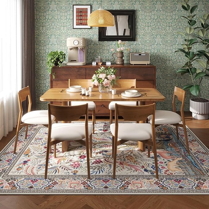 8x10 Area Rugs Vibrant Tree of Life-Patterned Vintage Washable Area Rug Non Slip Low Pile Large Rug for Bedroom Farmhouse Dining Room Kids Playroom, Beige