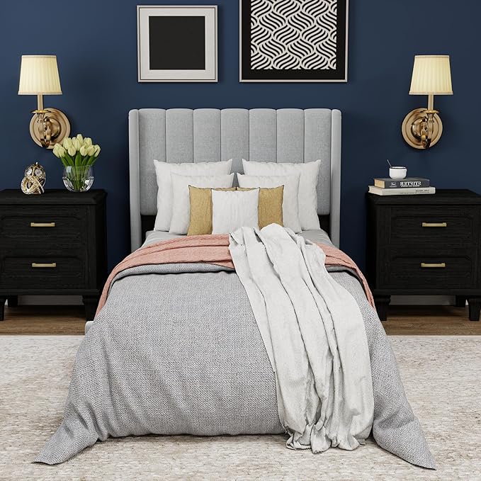 Upholstered Platform Twin Size Bed Frame with Headboard Wooden Slats Support No Noise Easy Assembly Light Grey Linen