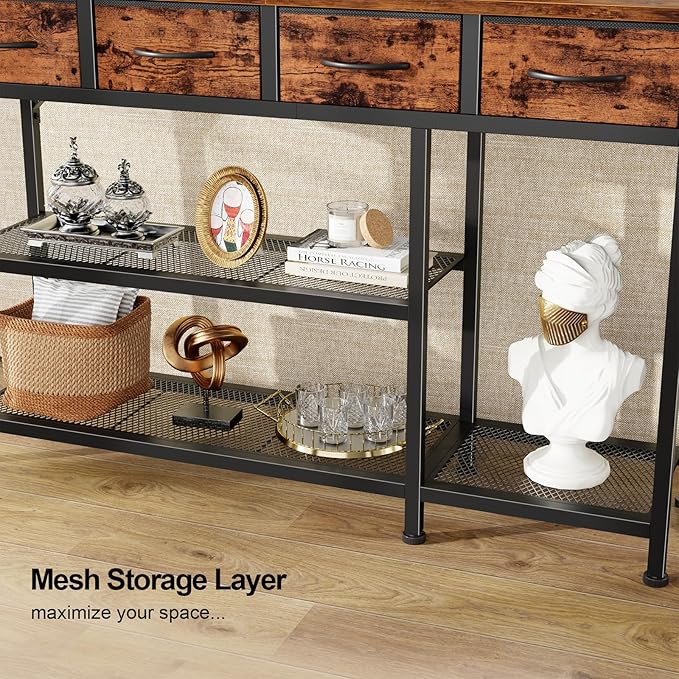 Furnulem Entryway Table 47'' Sofa Console Table with 4 Fabric Drawers, Industrial Entry Way Shoe Rack with Metal Mesh Shelf for Front Door, Foyer Wooden Top, Sturdy Metal Frame, Rustic Brown