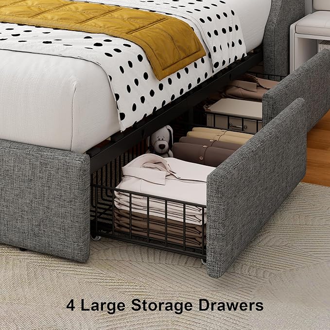 Twin Bed Frame with 4 Storage Drawers, Upholstered Bed Frame with Wingback Headboard, Charging Station, No Box Spring Needed, Easy Assembly, Light Grey
