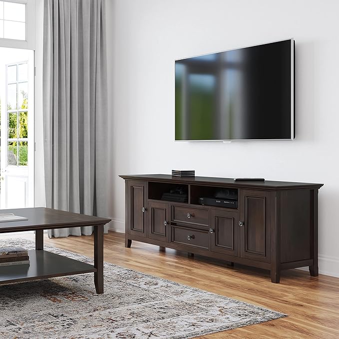SIMPLIHOME Amherst 72-inch Wide Solid Wood TV Stand in Brunette Brown, Transitional-Style Media Console for Living Room with Cable Management and Adjustable Shelves, Fits 80" TVs