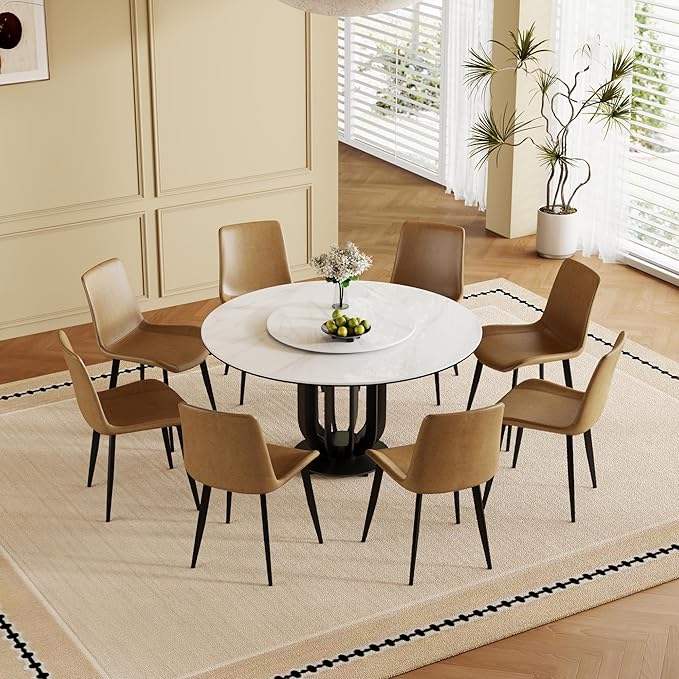 Dining Table Set with 8 Chairs, 59" Round Modern Marble Dining Table with Lazy Susan, Sintered Stone Top for Kitchen, Dining Room, Dinette