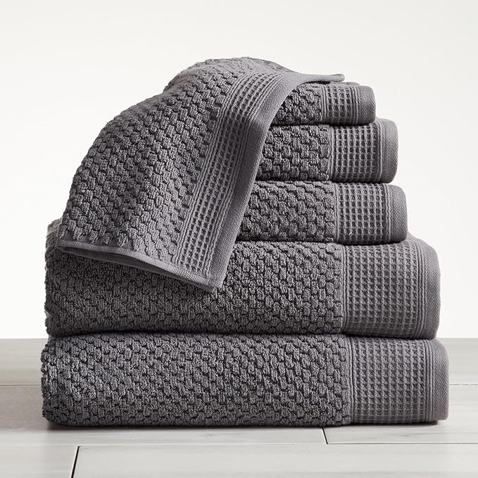 100% Cotton Waffle Textured 6 Piece Towel Set| Super Soft Quick Dry Bath Towels | Decorative Towels for Bathroom | 2 Bath Towels, 2 Hand Towels, 2 Washcloths | Belle Collection (Charcoal)
