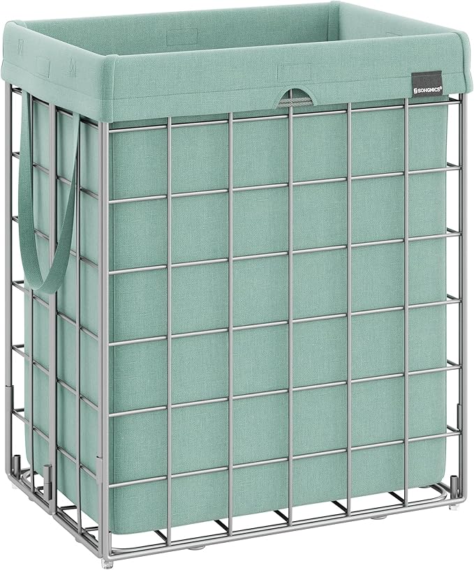 SONGMICS Laundry Hamper, 23.8 Gal. (90L) Laundry Basket, Collapsible Clothes Hamper, Removable and Washable Liner, Metal Wire Frame, for Bedroom Bathroom, Silver and Mint Green ULCB190C01