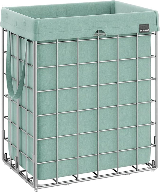 SONGMICS Laundry Hamper, 23.8 Gal. (90L) Laundry Basket, Collapsible Clothes Hamper, Removable and Washable Liner, Metal Wire Frame, for Bedroom Bathroom, Silver and Mint Green ULCB190C01