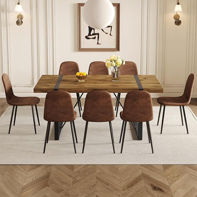 Rustic 9 Piece Dining Room Table Set for 8 People, Mid Century Modern 71 Inch Rectangle Wood Kitchen Dining Table with 8 Fabric Chairs Set, Suitable for Kitchen Dining Room Apartment