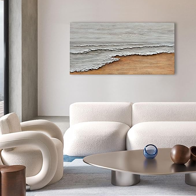 Art Hand-Painted Yellow and White Ocean Beach Landscape Oil Painting Modern Abstract Canvas Art Home Wall Decoration 24x48 inches