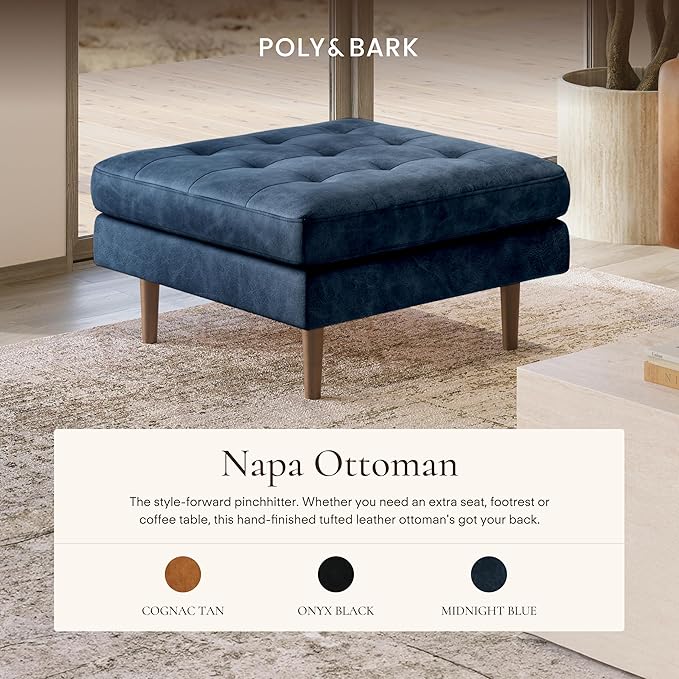 POLY & BARK Napa Ottoman in Full-Grain Semi-Aniline Italian Tanned Leather in Midnight Blue